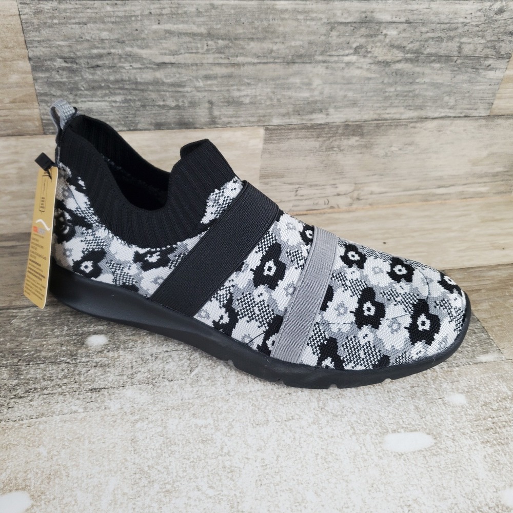 Spenco Karma Womens Shoes Sz 8.5 B Running Black Floral Stretch Slip On Sneakers